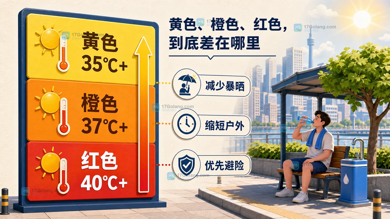 高温黄色橙色红色预警与不同应对强度的生活安全说明插画