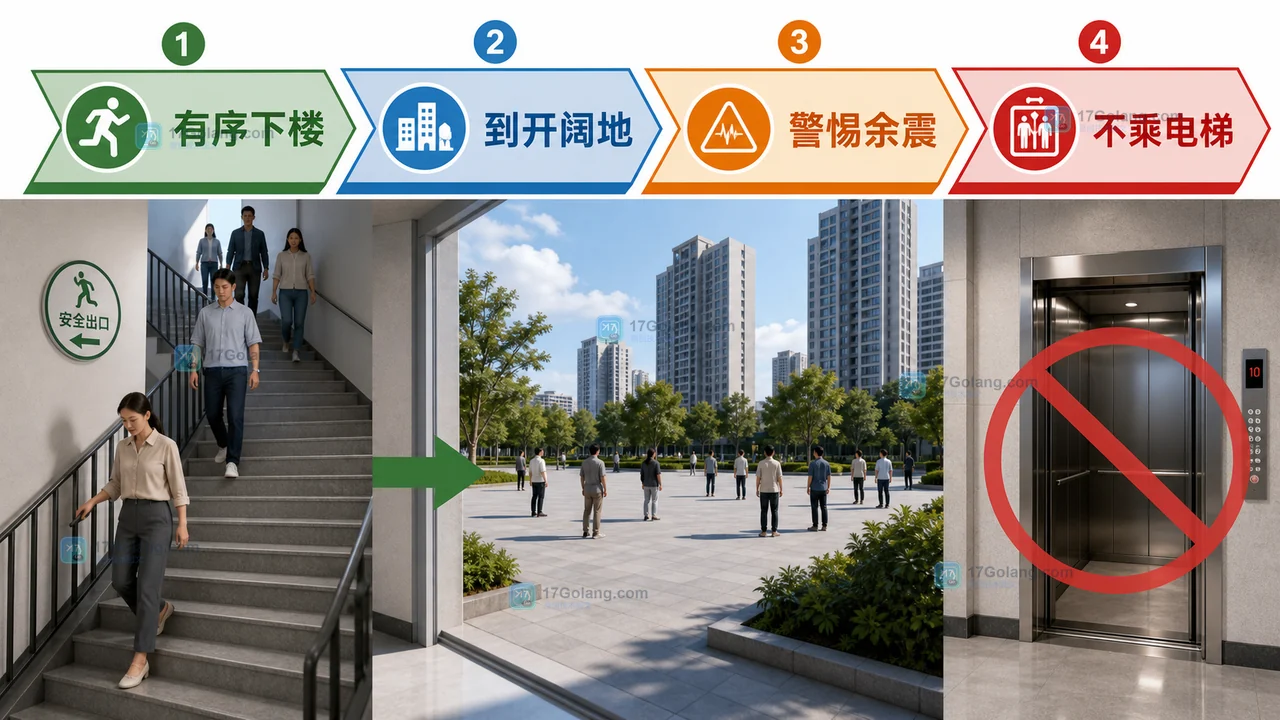 高层地震强震减弱后走楼梯有序撤离并到开阔地避开建筑外墙的安全路径插画
