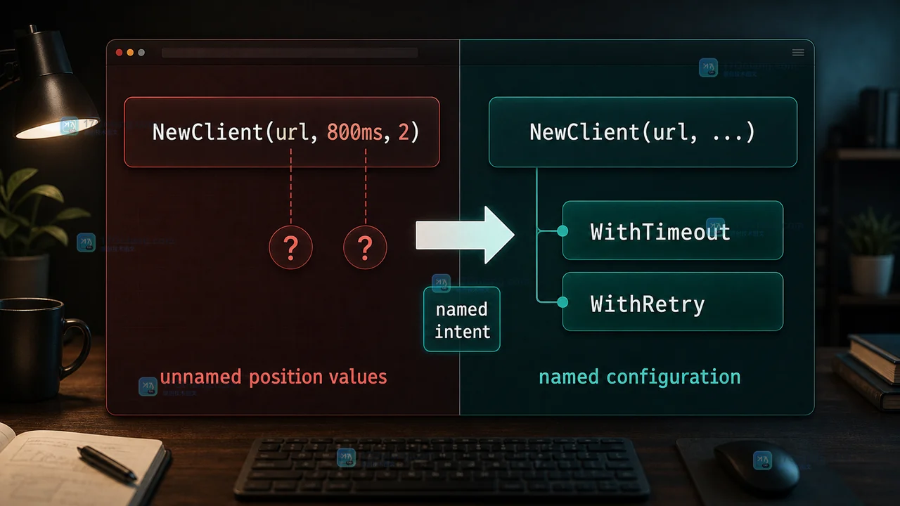 Go Client 从位置参数构造函数切换到 WithTimeout 和 WithRetry 具名选项后的调用可读性对比图