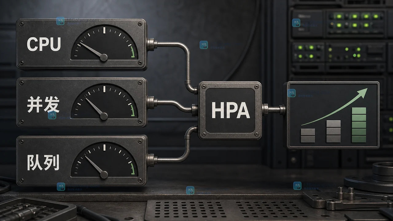 Go 服务根据 CPU、并发和队列信号选择 Kubernetes HPA 指标的资源预算决策图