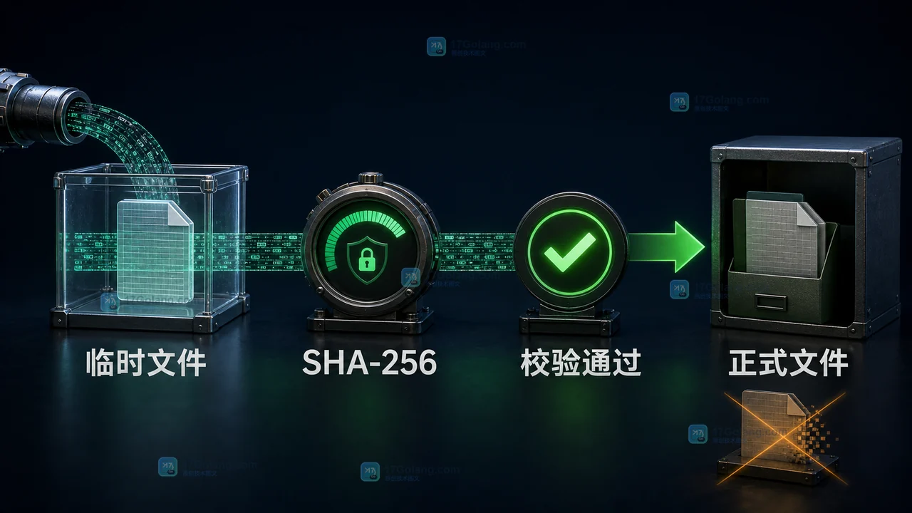 Go 远端文件转存校验链:响应流写入临时文件,同时计算 SHA-256,核对通过后再改名为正式文件