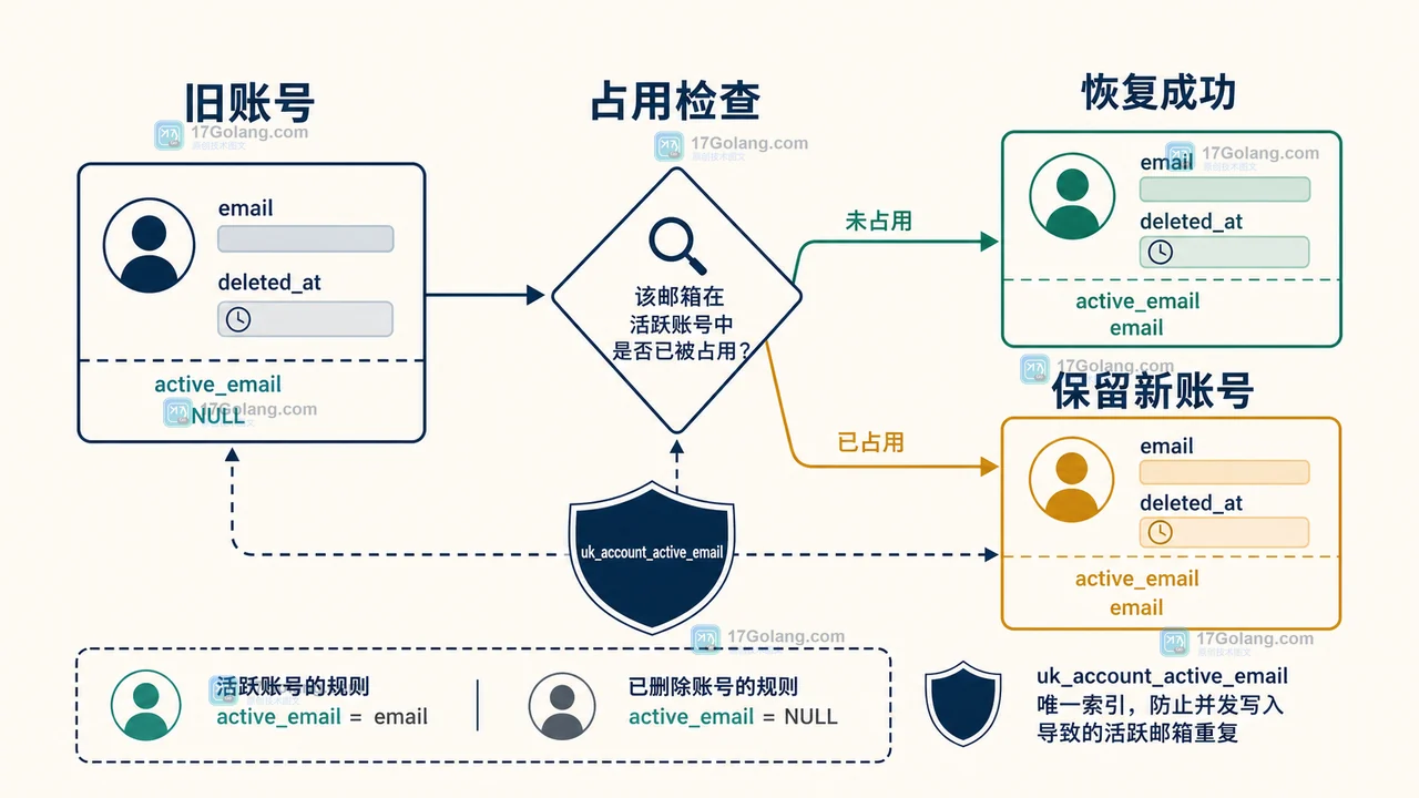 MySQL 软删除账号恢复检查:旧账号经过邮箱占用判断,分支为恢复成功或保留新账号,唯一索引负责并发兜底