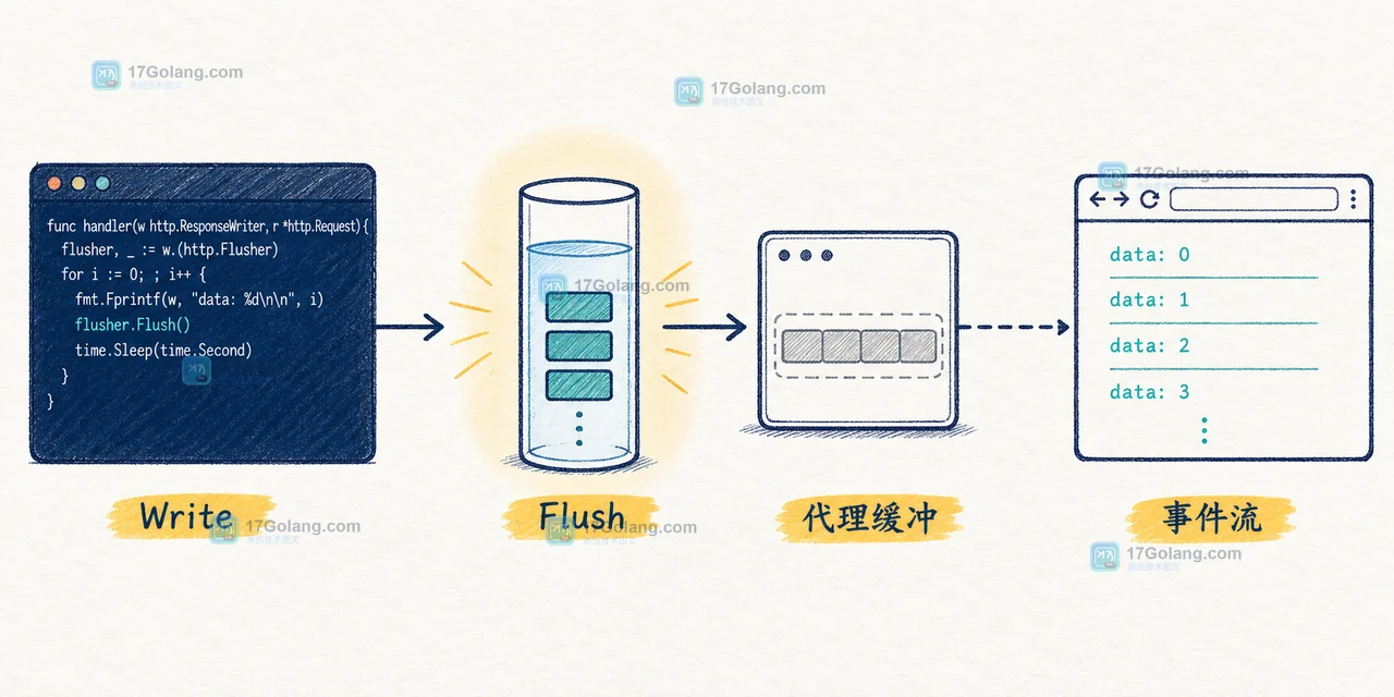 Go 流式响应从 handler 写入到 Flush 再到客户端的调用链，标出代理缓冲瓶颈