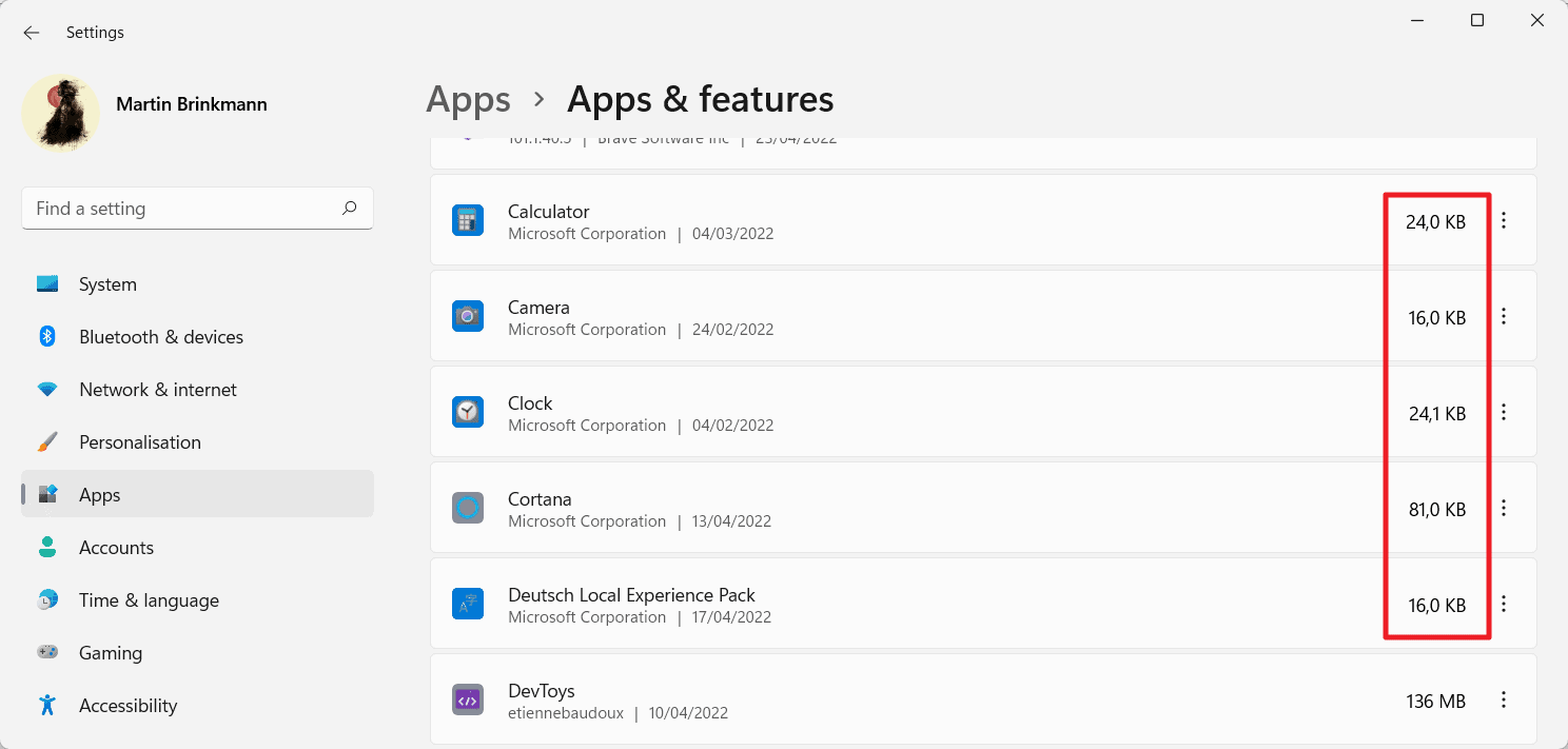 默认 Windows 11应用程序的大小比报告的要大得多