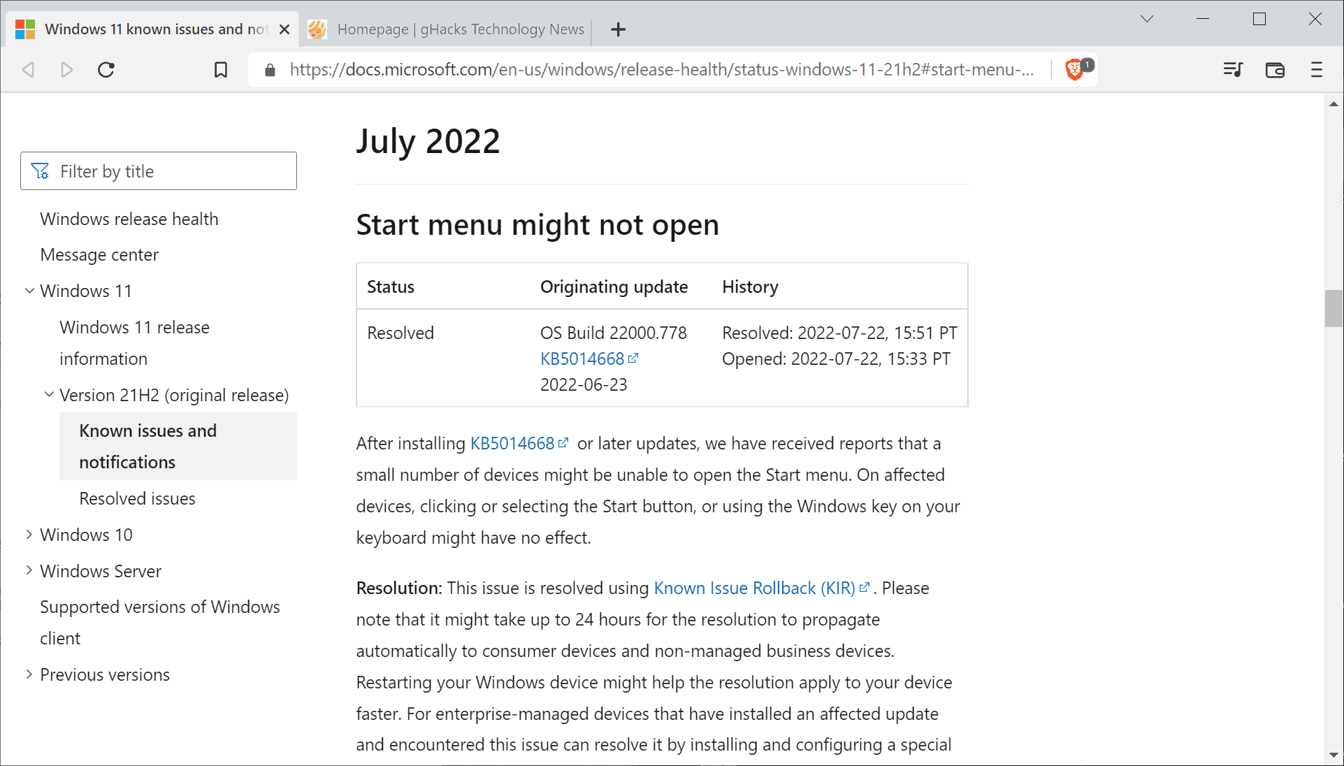 由于开始菜单打开问题,Windows 11 更新回滚