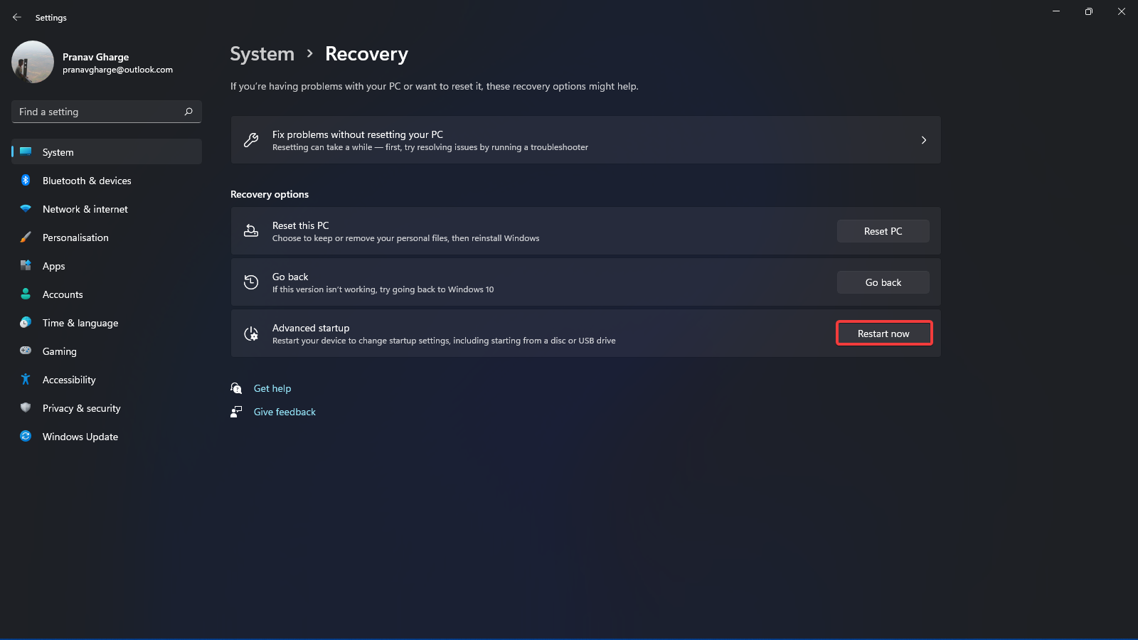Advanced-startup-option-start-now