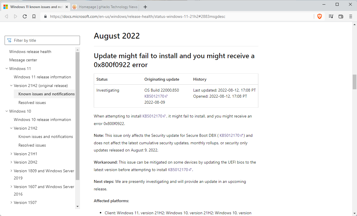 KB5012170:Windows 更新错误 0x800f0922,UEFI Bios 更新可能会解决它