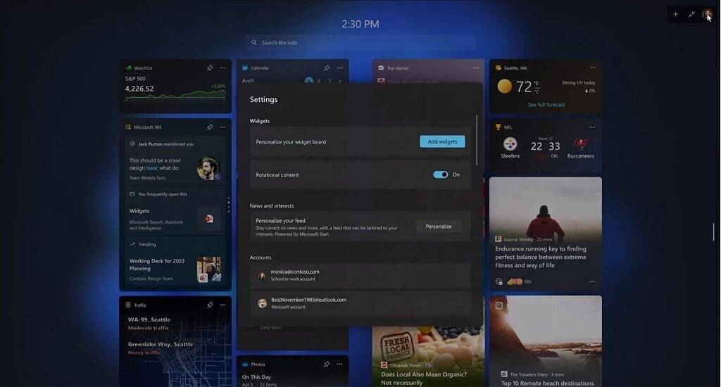 Windows 11 获得全屏小部件页面,支持工作和个人帐户