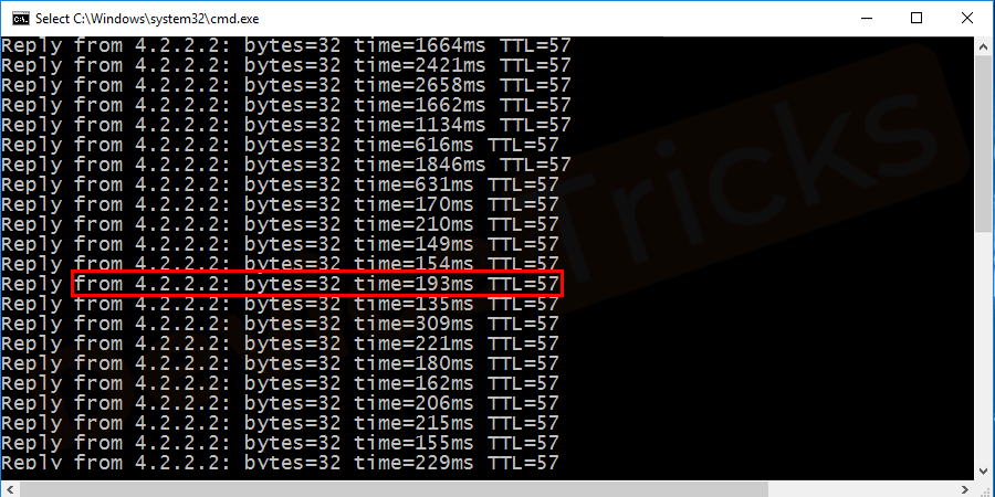 Reply-from-4.2.2.2-bytes32-time193ms-TTL53