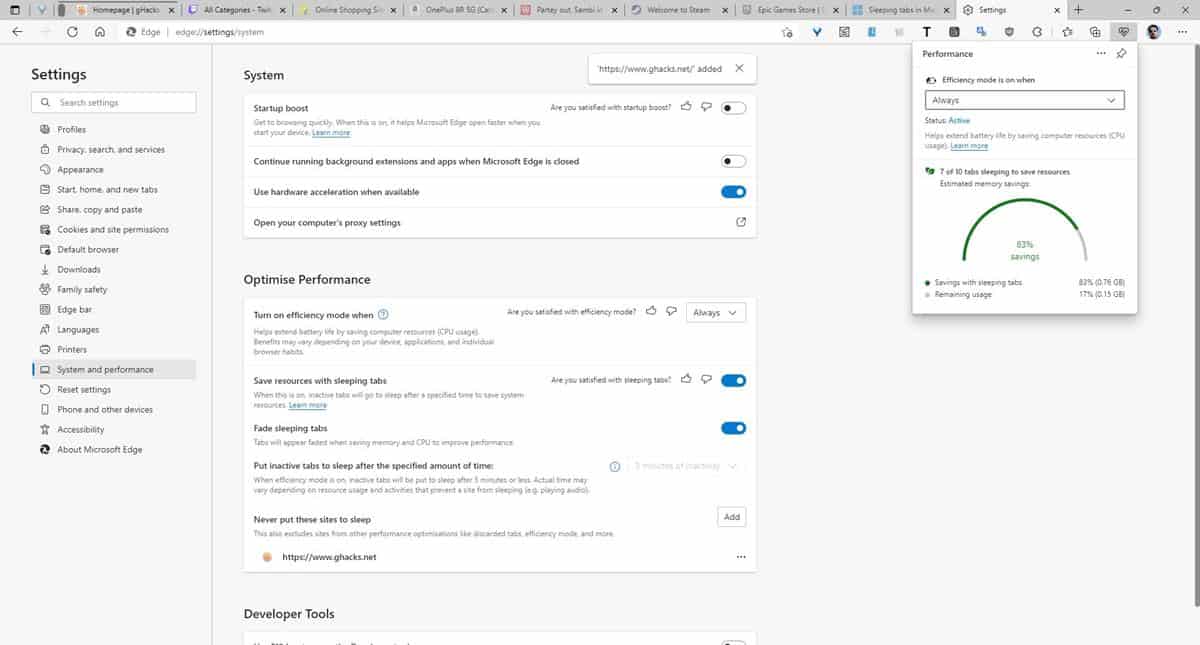 Microsoft Edge 100 改进了 Sleeping Tabs 功能以节省更多资源,并允许您监控其性能