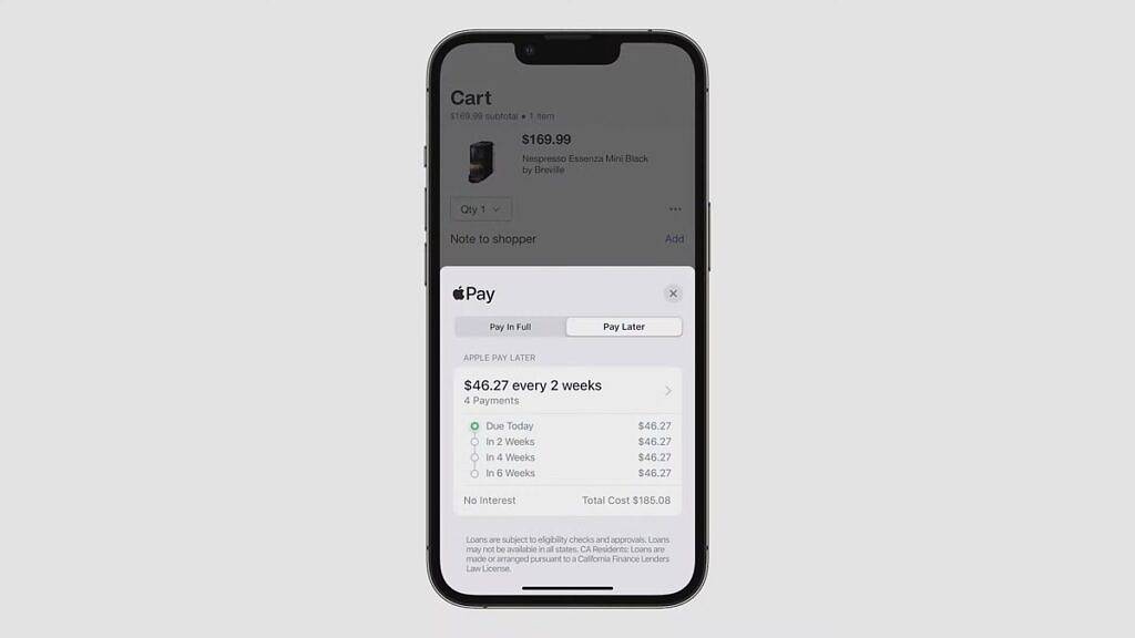 Apple Pay Later 可让您将购买分成四笔相等的付款