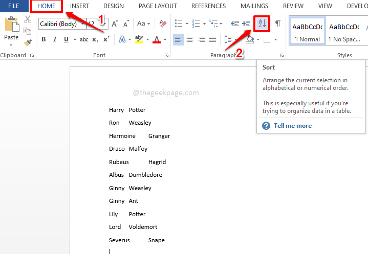 如何根据 MS Word 中的名字和姓氏按字母顺序对名称列表进行排序
