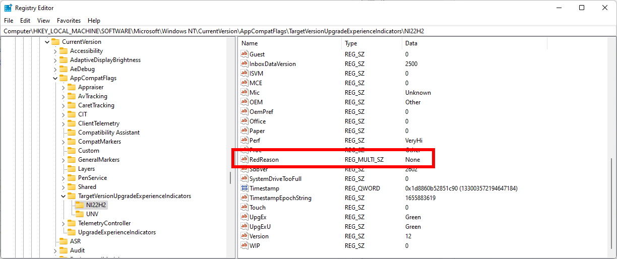 注册表项显示您的 PC 是否与 Windows 11 版本 22H2 兼容