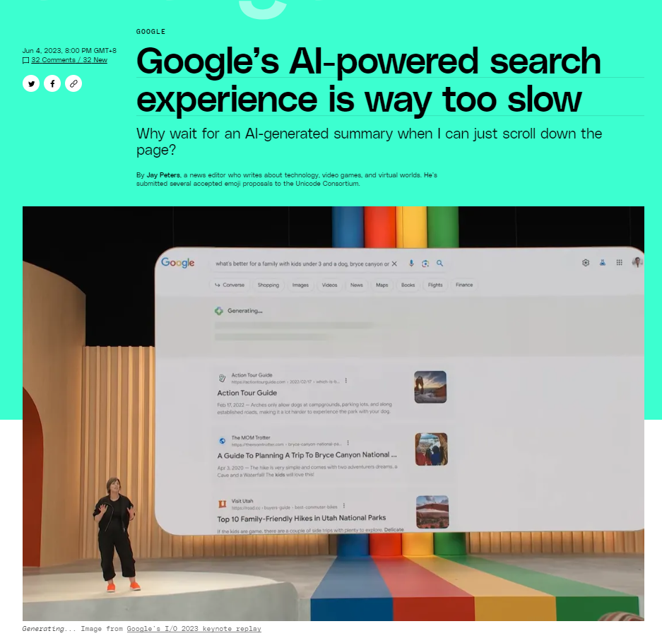 谷歌搜索集成 AI 功能,被吐槽速度慢、回答冗长