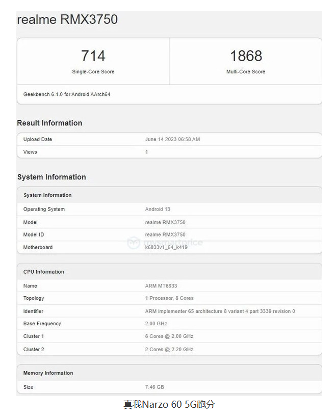 Geekbench跑分曝光真我Narzo 60 5G，性能一览无余