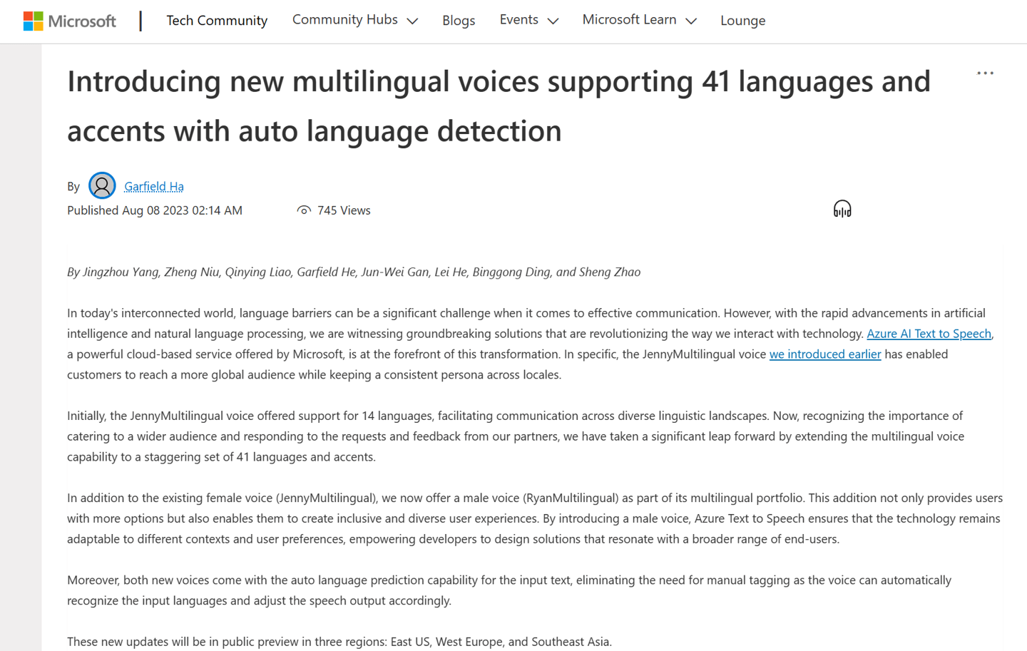 微软宣布为 Azure AI 添加男性声线,增强文本转语音功能