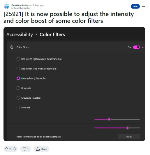 Windows 11 Canary Build 25921预览版本更新:增强颜色过滤器功能