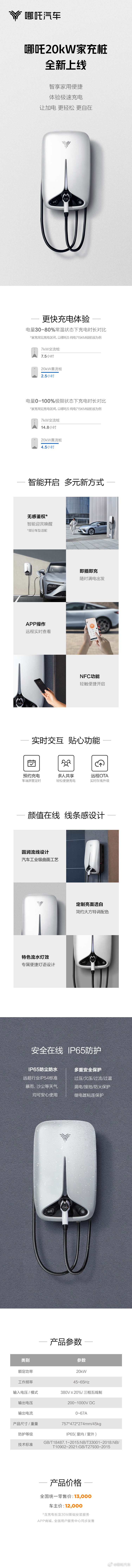 哪吒汽车推出20kW家用充电桩,车主专享价格12000元