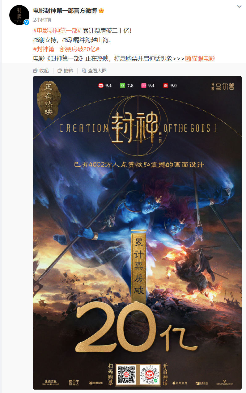 《封神第一部》累计票房突破 20 亿,成为中国影史第 32 部破 20 亿影片