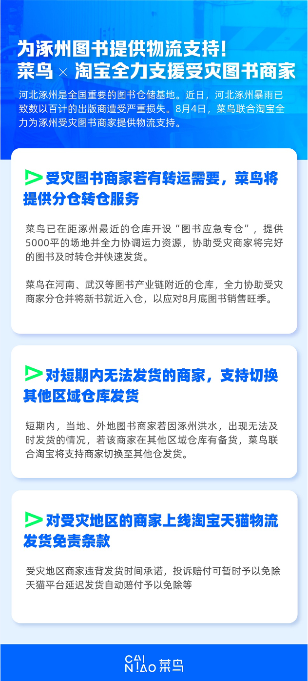 涿州地区现有菜鸟“图书应急专仓”,商家可享受受灾地区免责物流服务