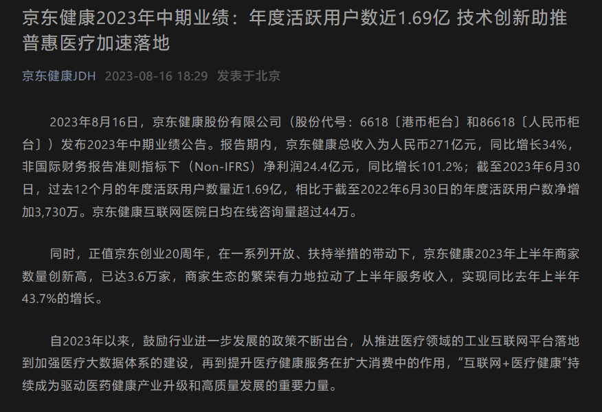 京东健康:上半年收入为人民币 271 亿元,同比增长 34%