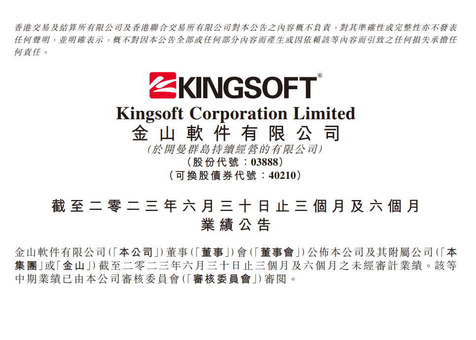金山软件 2023 年第二季度营收达 21.9 亿元,同比增长 20%,办公和游戏业务双双实现提升