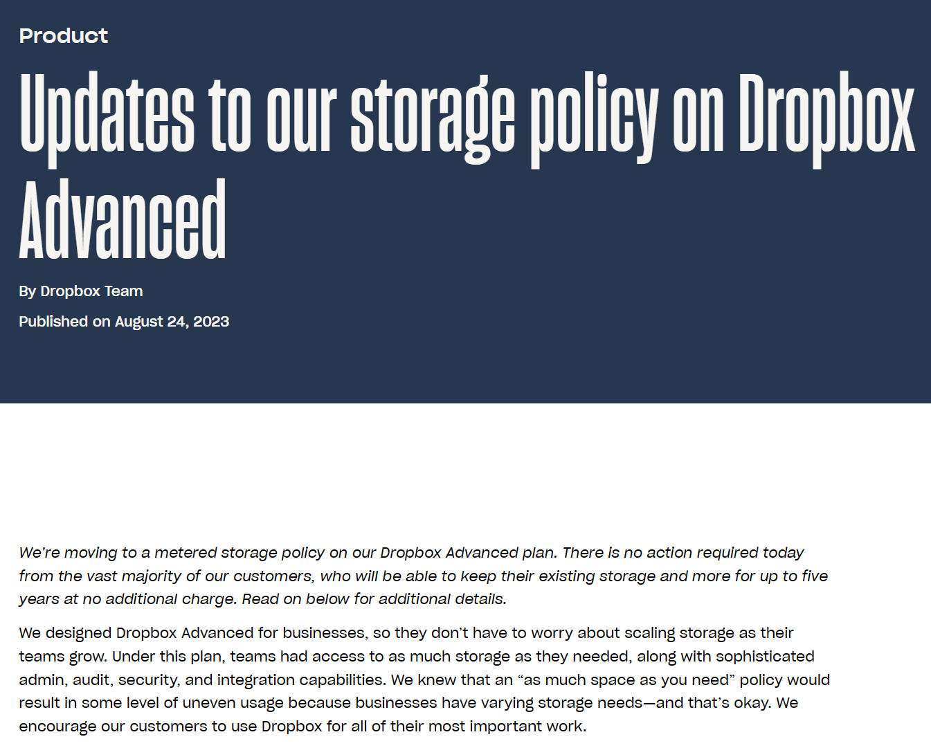 Dropbox 宣布终止 Advanced 订阅方案的“无限空间”政策,以应对长期滥用问题