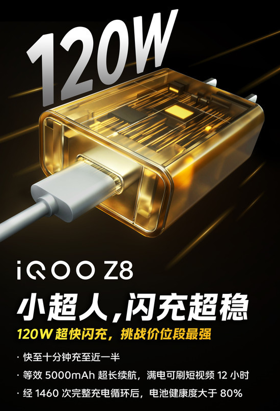 iQOO Z8:快速充电,电池健康度超80%,10分钟即可充电一半电量