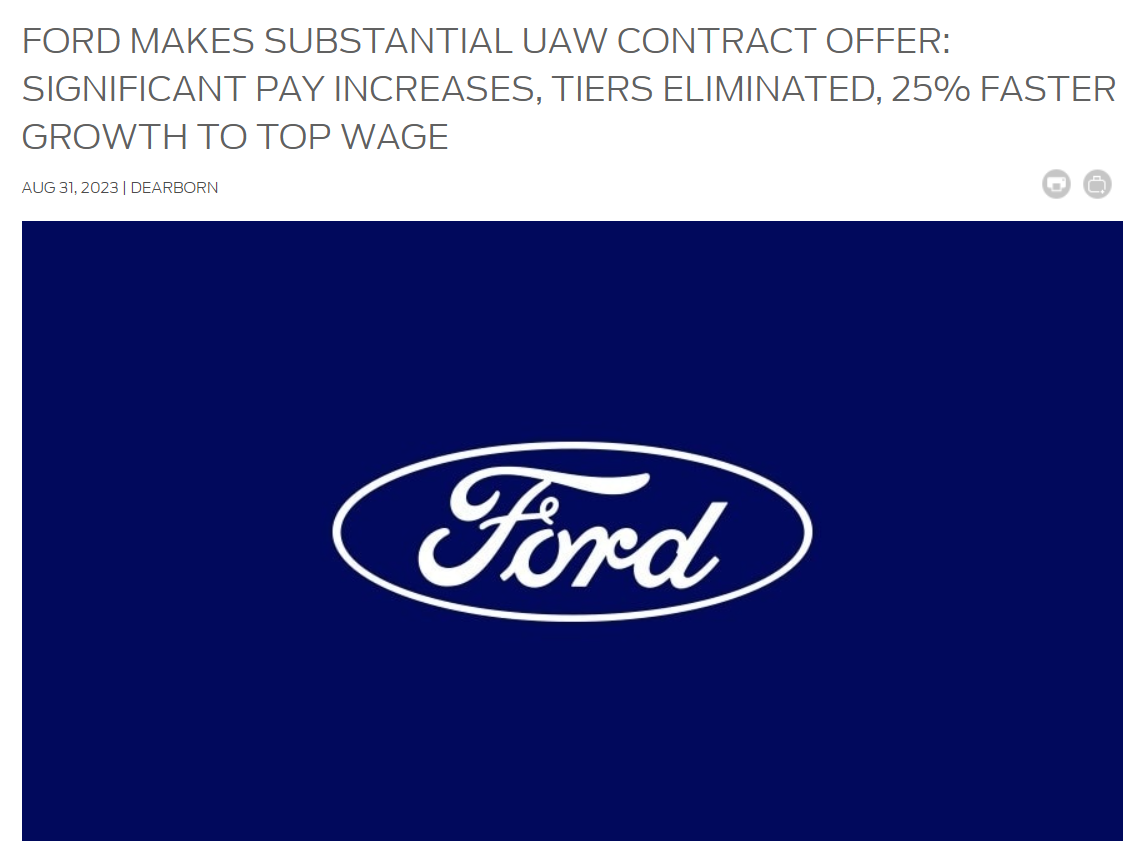 福特汽车向 UAW 工会提出要约:为小时工加薪 15%,年工资 + 奖金提高至 9.2 万美元
