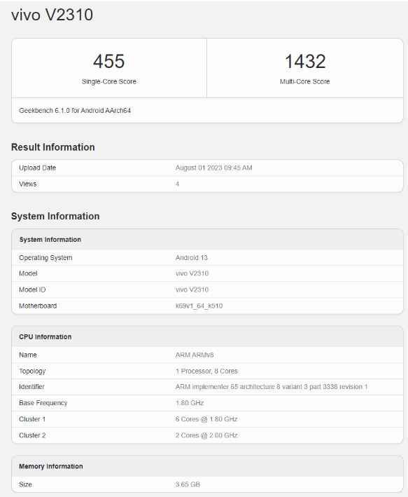 新一代vivo Y17s现身GeekBench:跑分数据曝光