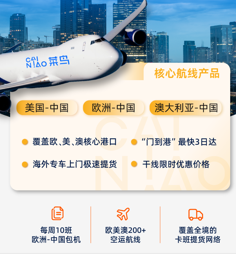 菜鸟国际推出欧美到中国“门到港”三日达产品,号称“晚到必赔”