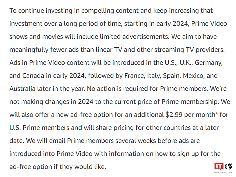 亚马逊明年在 Prime Video 中添加广告,无广告额外收费 2.99 美元