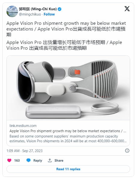 苹果Vision Pro头显:市场需求低于预期,或需调整定价