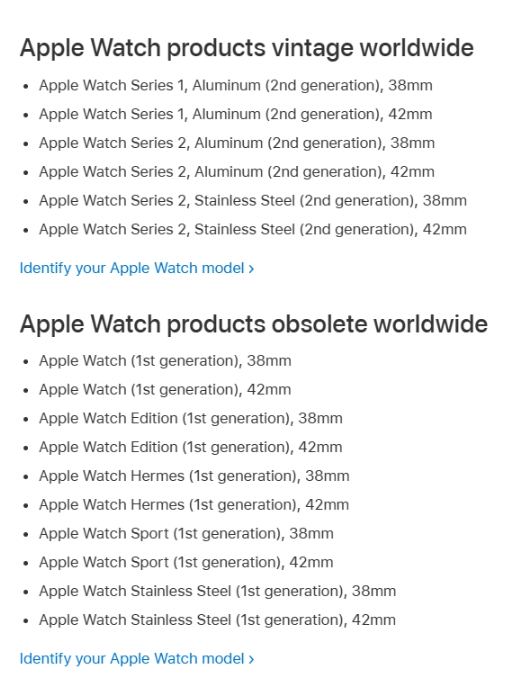 苹果官网公布过时产品名单，Apple Watch Series 1在其中