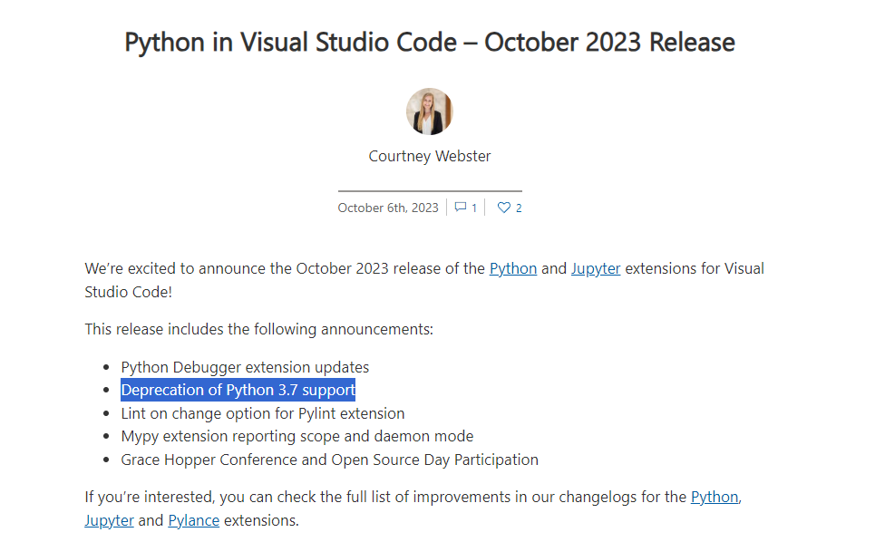 微软 Visual Studio Code 不再支持 Python 3.7,但相关代码尚未被立即删除