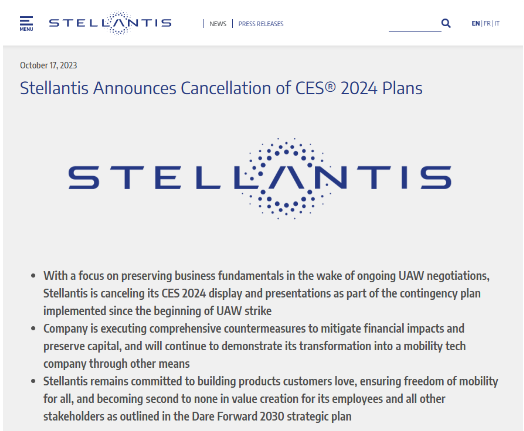 Stellantis退出明年CES展会,应对罢工带来的损失