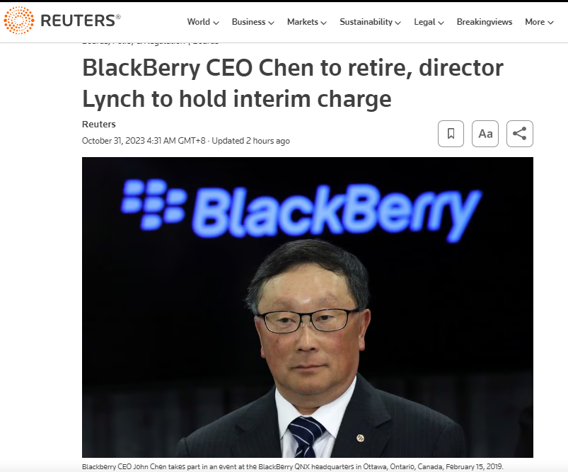 执掌十年,黑莓 CEO 程守宗将于本周五退休
