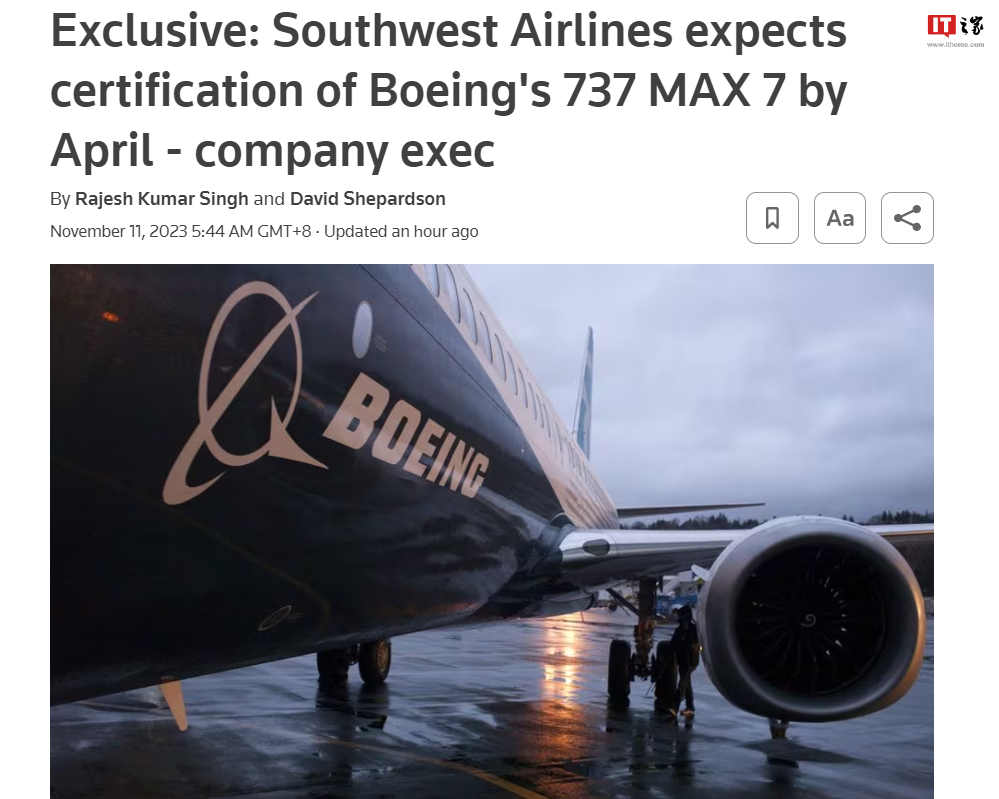 预计西南航空将在明年4月获得波音737 MAX 7飞机认证,计划于10-11月投入运营