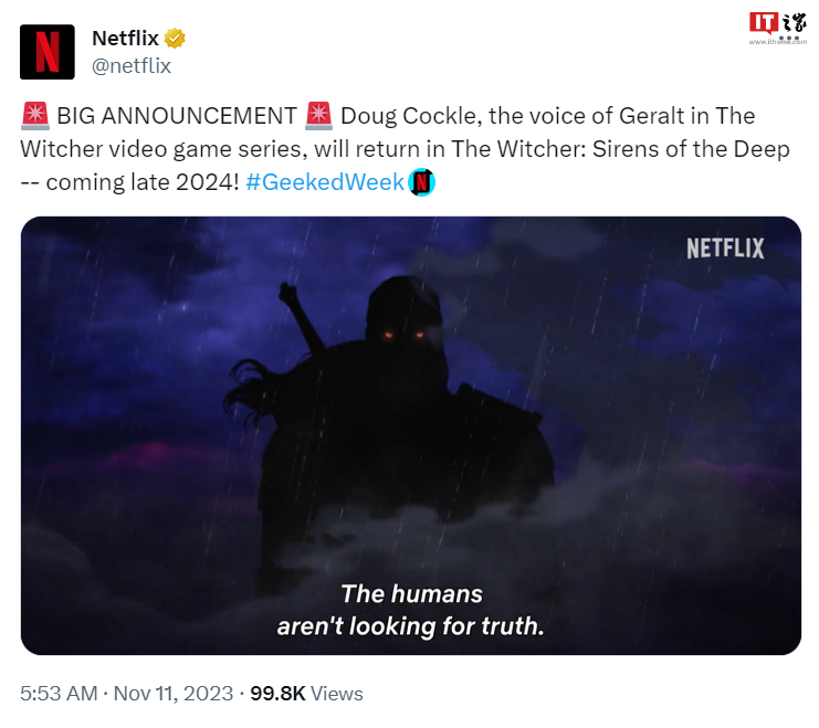 Netflix 动画《巫师:深渊海妖》先导预告公布:《巫师》游戏杰洛特配音演员回归,明年底上线