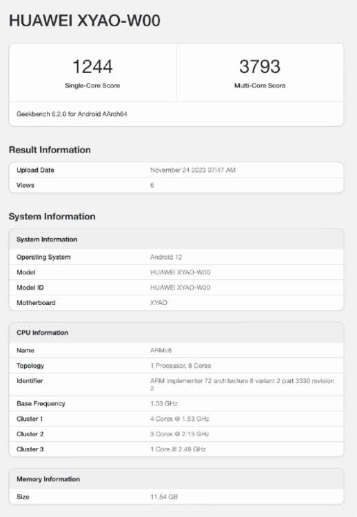 Geekbench揭秘:华为XYAO-W00设备多核跑分3793,疑似新一代MatePad Pro曝光!