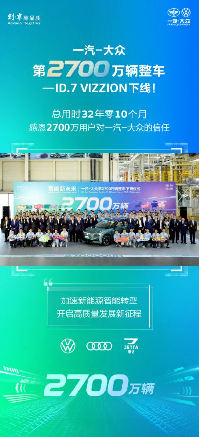 一汽大众庆祝第2700万辆整车下线:ID.7 VIZZION引领电动车新时代