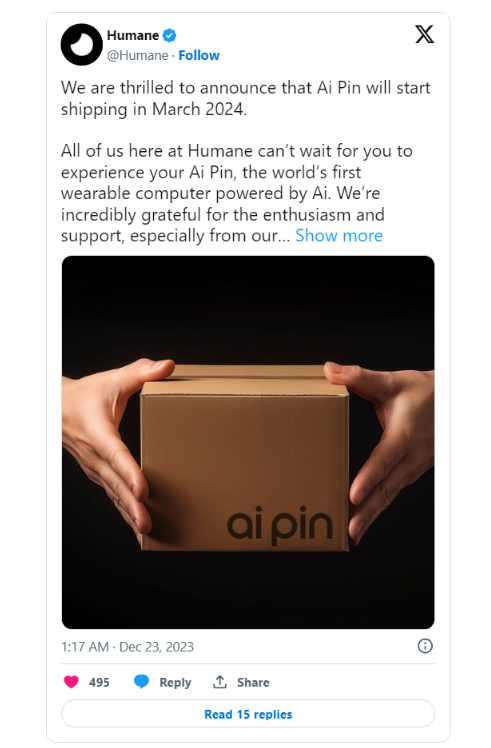 AI Pin于2024年3月发货,开启取代手机的人道时代