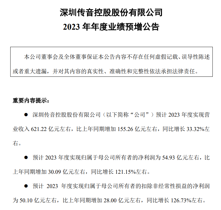 传音控股:预计2019年营收达到621.22亿元,同比增长33.32%,归母净利润同比增长121.15%