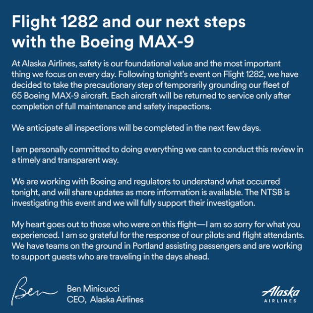 阿拉斯加航空停飞65架波音737 MAX 9飞机以进行安全检测