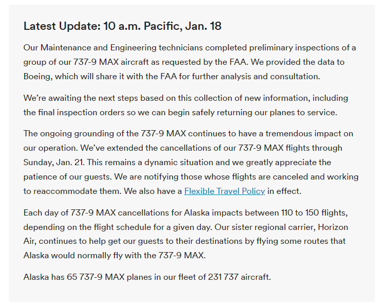 阿拉斯加航空延长停飞波音 737 MAX 9 至 21 日,期间每天取消110-150个航班