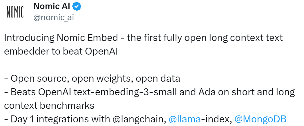 开源的Nomic Embed嵌入模型可以完美复现,并击败了OpenAI