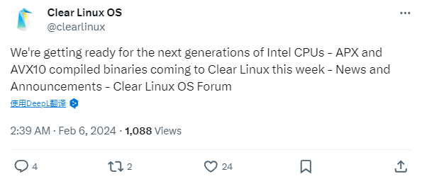 为未来 CPU 做准备,英特尔 Clear Linux 将获 AVX10、APX 指令集编译二进制文件