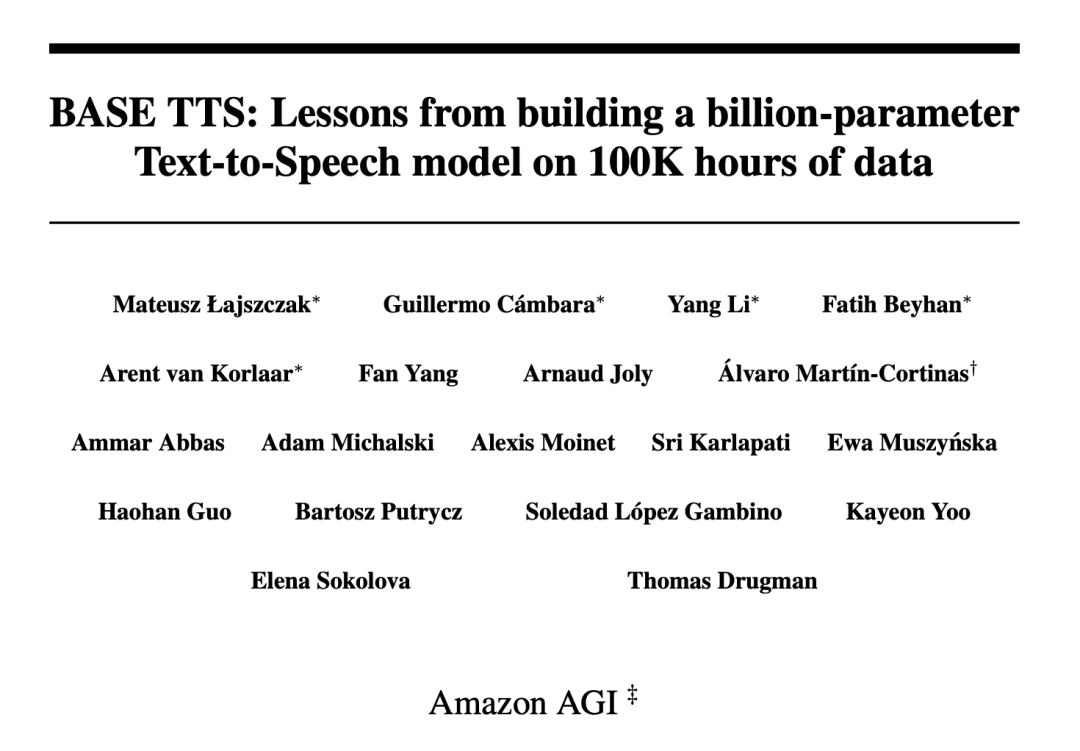 亚马逊推出训练10万小时数据的AI语音生成技术，推出10亿参数的BASE TTS