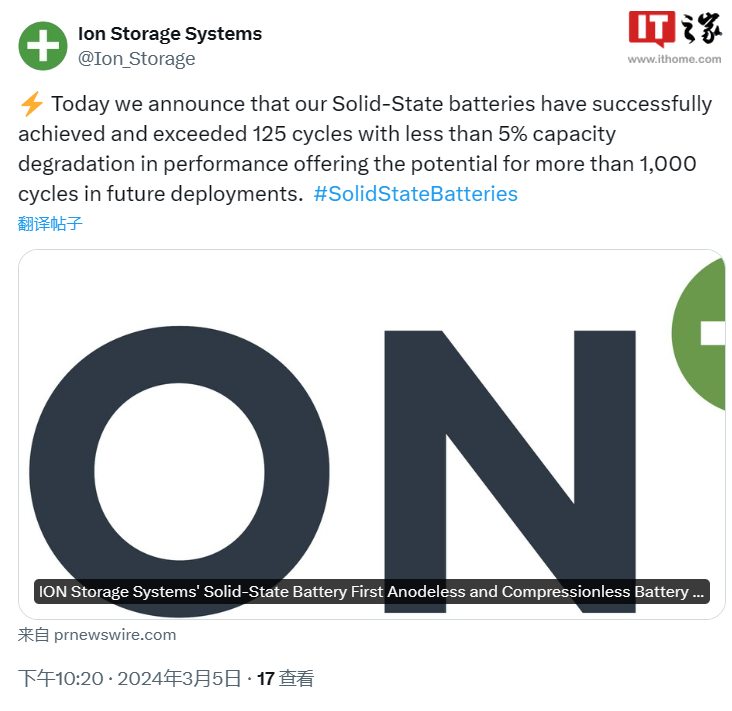 ION 公司研发出高性能固态电池:超过 125 次循环后容量衰减不超过 5%
