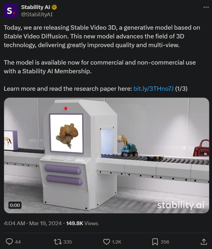 Stable Video 3D震撼登场:单图生成无死角3D视频、模型权重开放